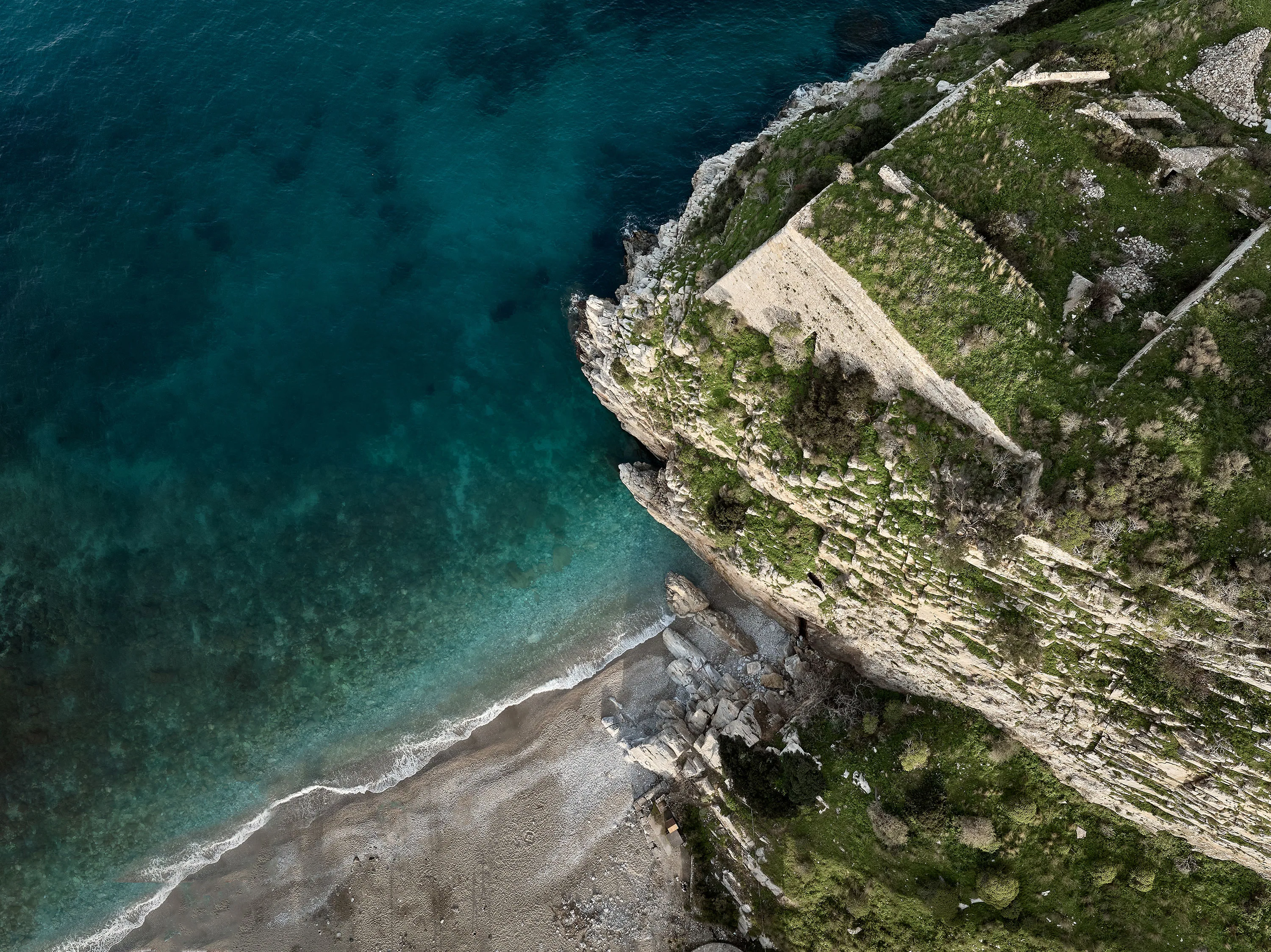 Aerial view of Paleokastro bay beach near Yiamas house in Heraklion Crete